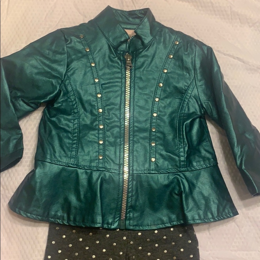 Little Lass turquoise ruffle hem jacket set - Picture 2 of 4